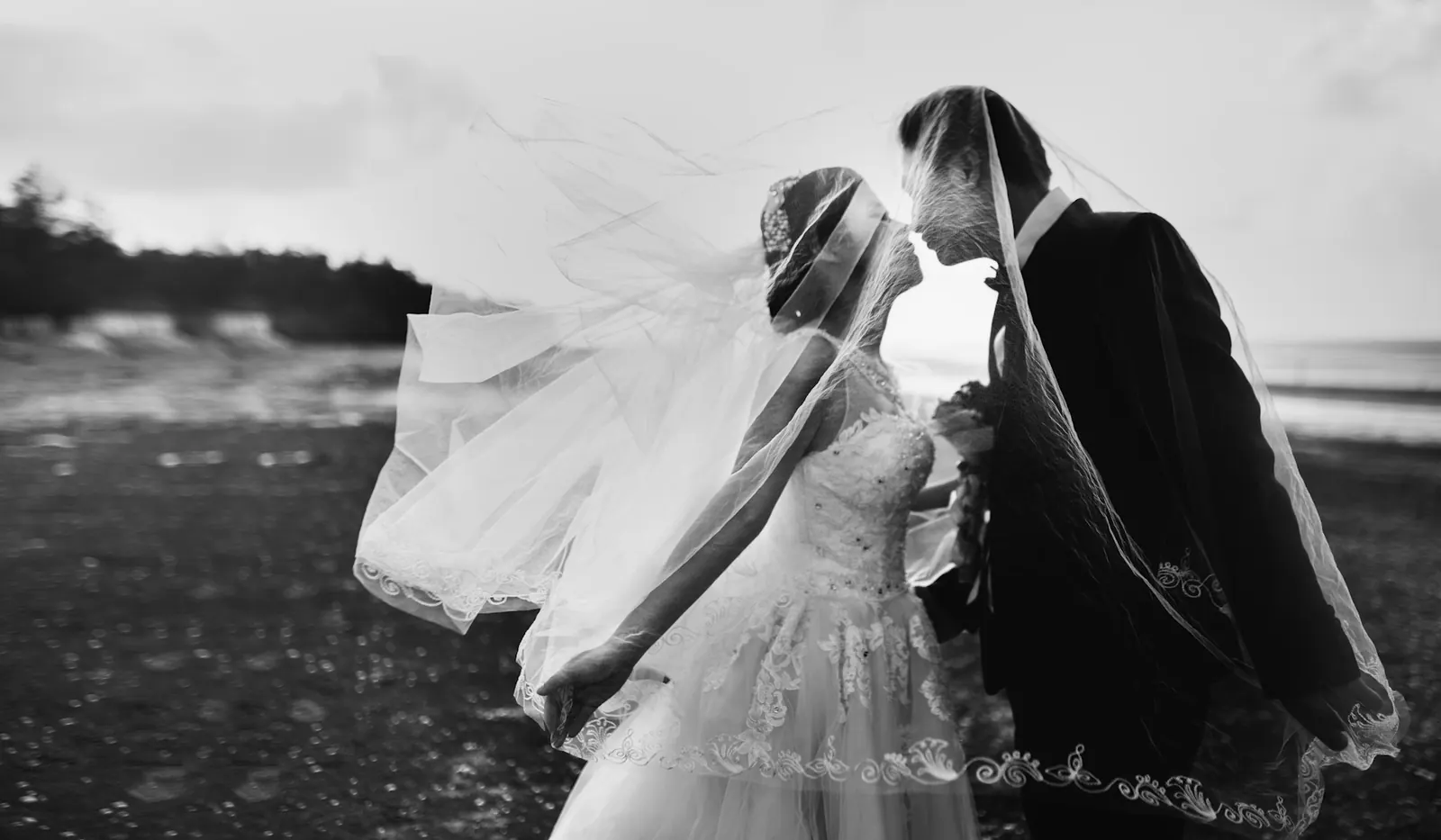 Black-and-white kiss with the veil in the wind
