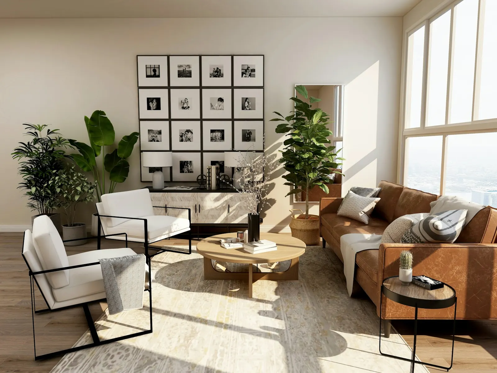 Bright living room with a grid of framed prints