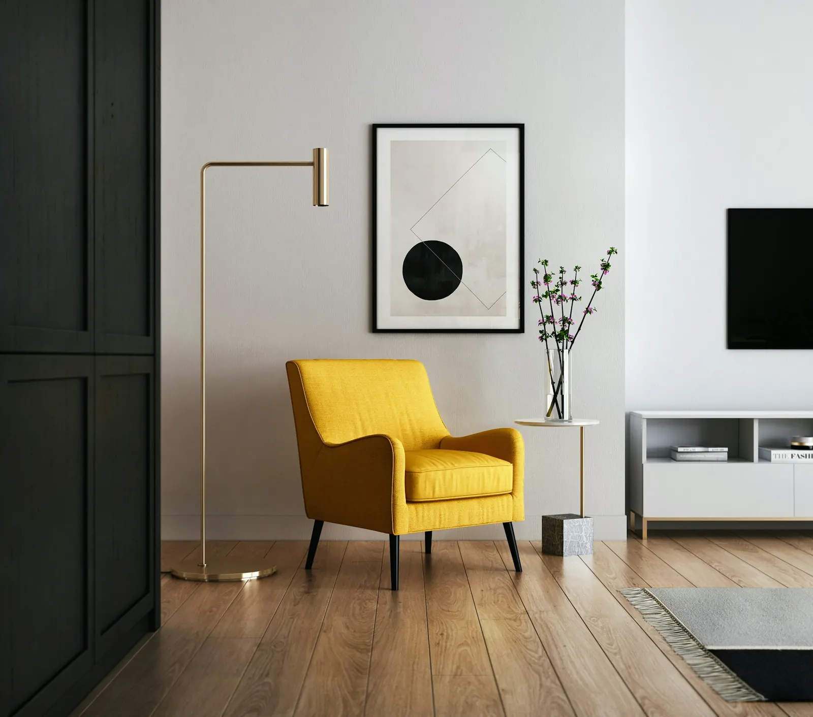 Minimal living room with a mustard armchair and black-and-white art